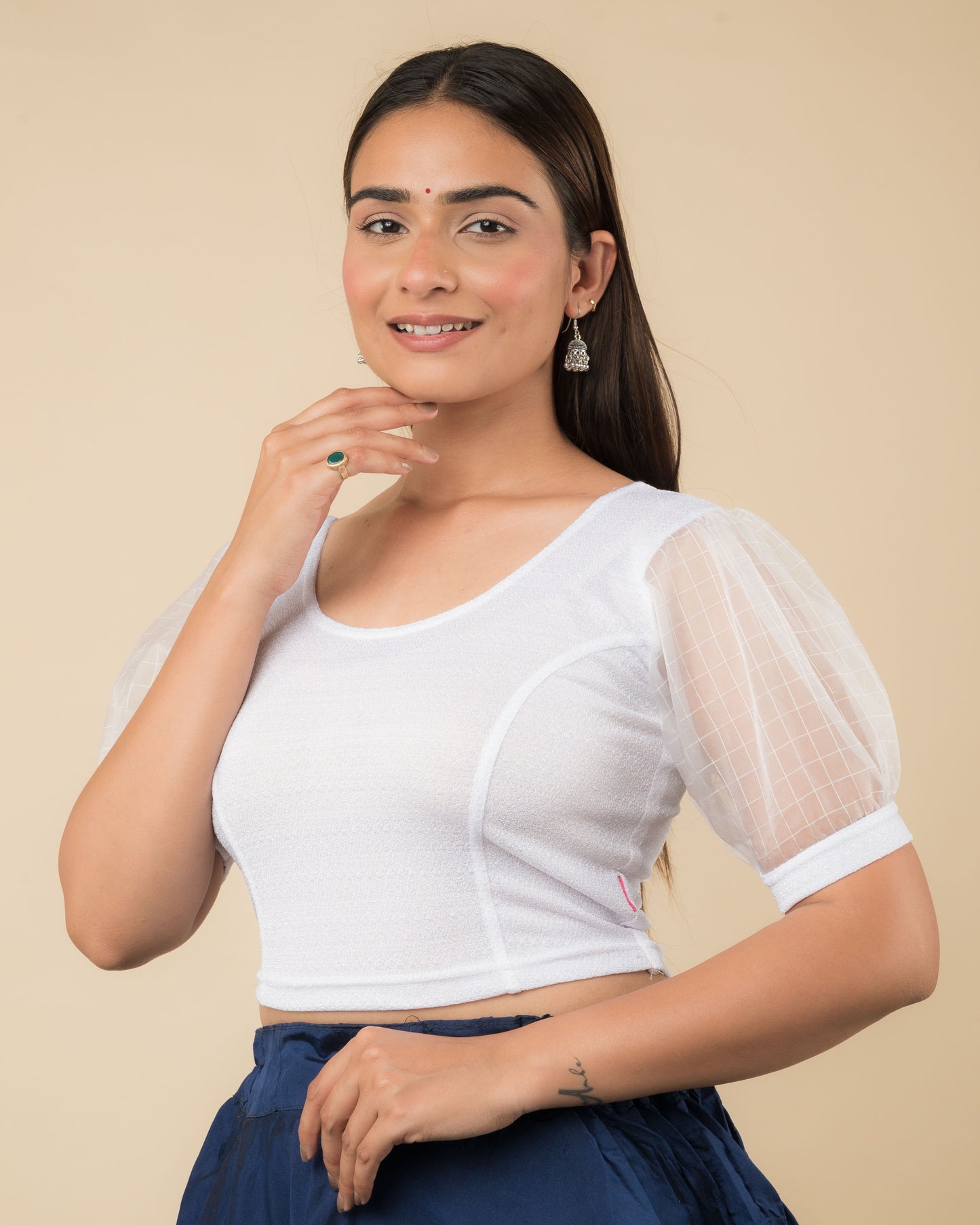 Madhubala Sheer Organza Voluminous Puff Sleeve Stretchable Slip on Blouse