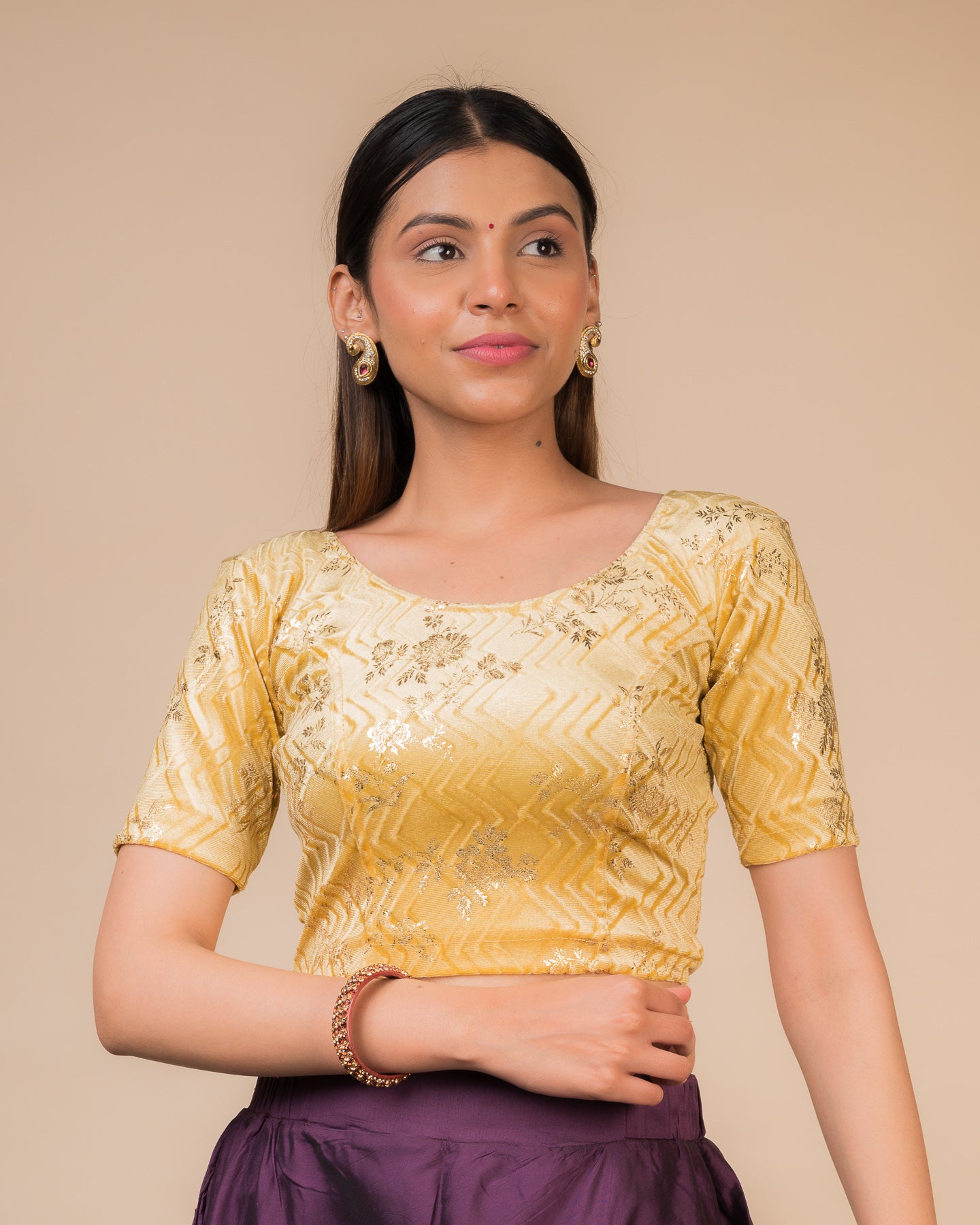 Shabri Velvet Metallic Floral Sweetheart Neck with Potli Detail Stretchable slip on Blouse