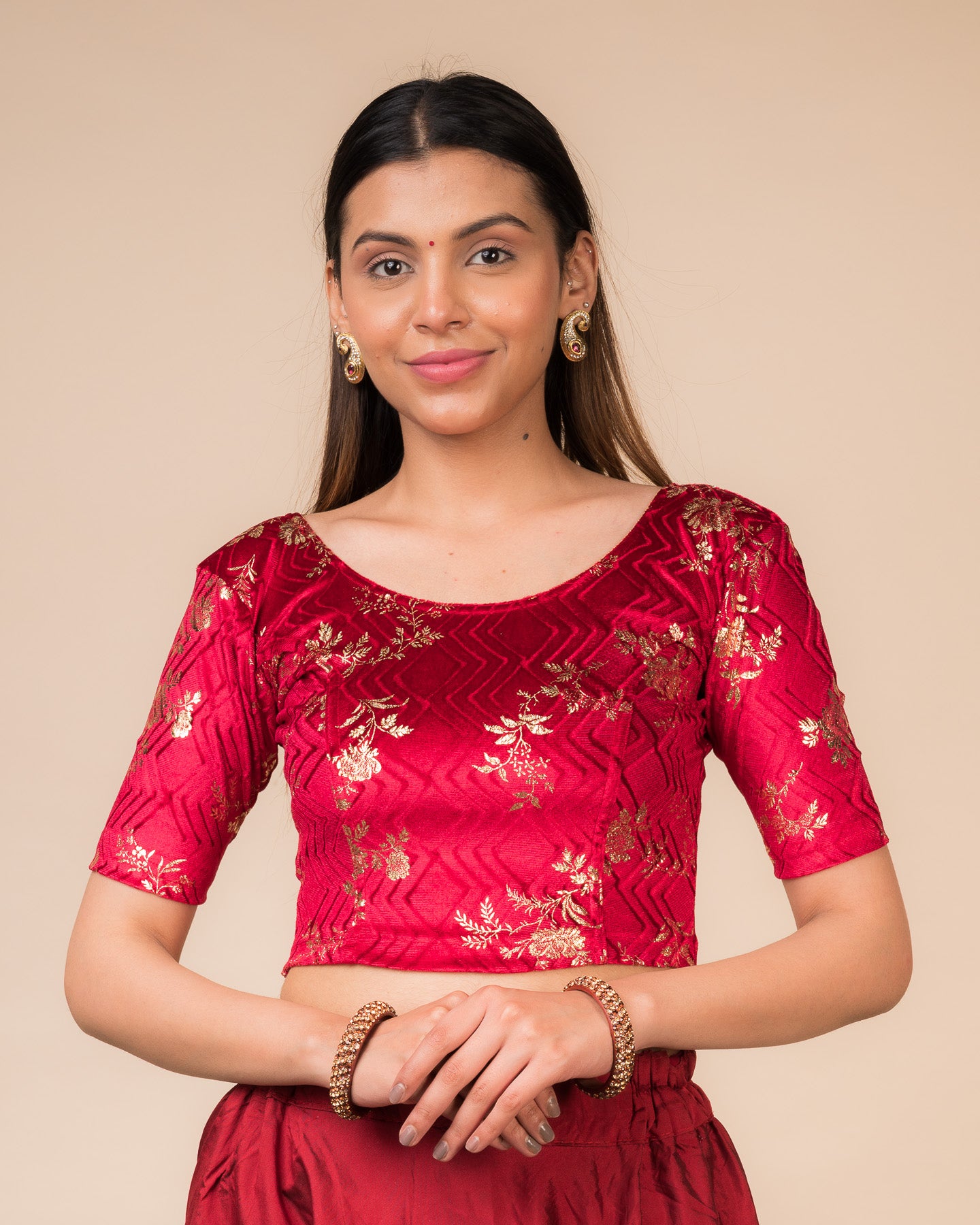 Shabri Velvet Metallic Floral Sweetheart Neck with Potli Detail Stretchable slip on Blouse