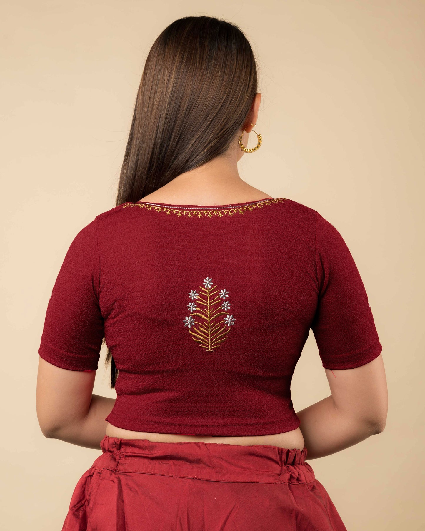 Tia Embroidery Motif Gold Silver Stretchable Slip On Blouse